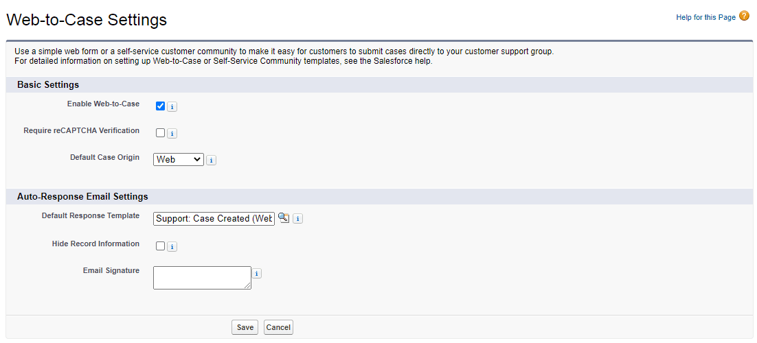 web to case settings