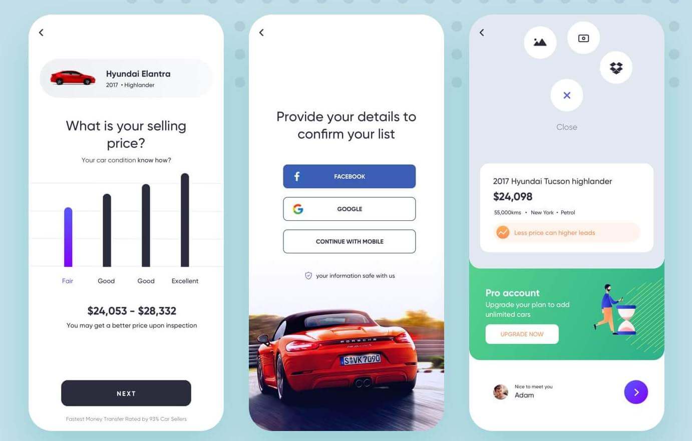 car sell app social sign in