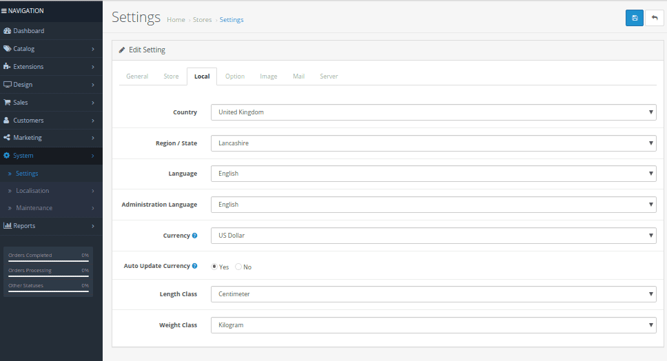 local tab in opencart settings