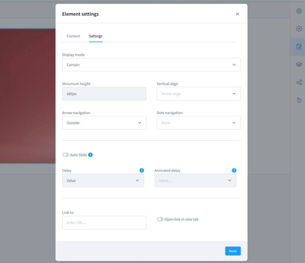 Image slider element settings