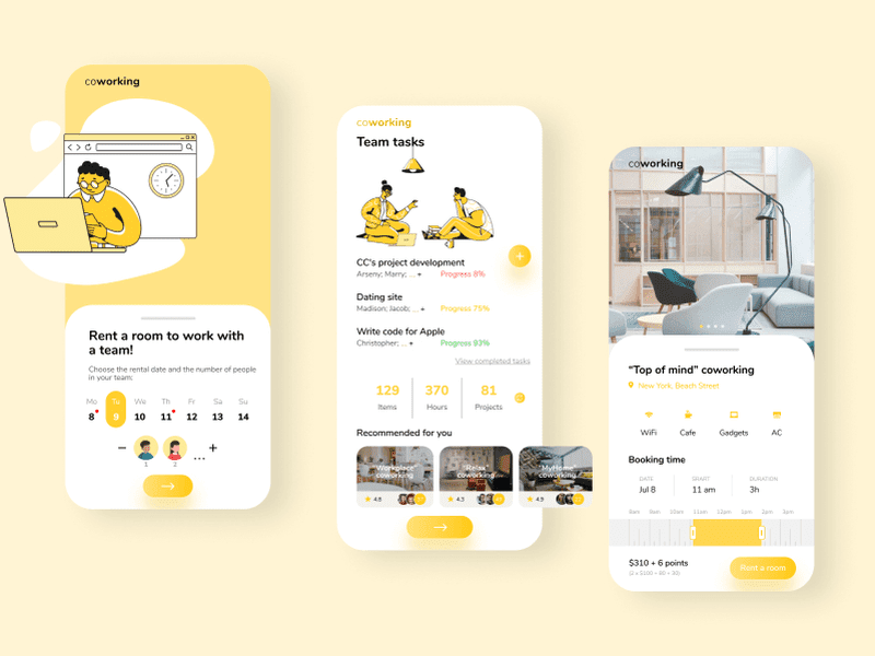 shared office spaces finding app UI